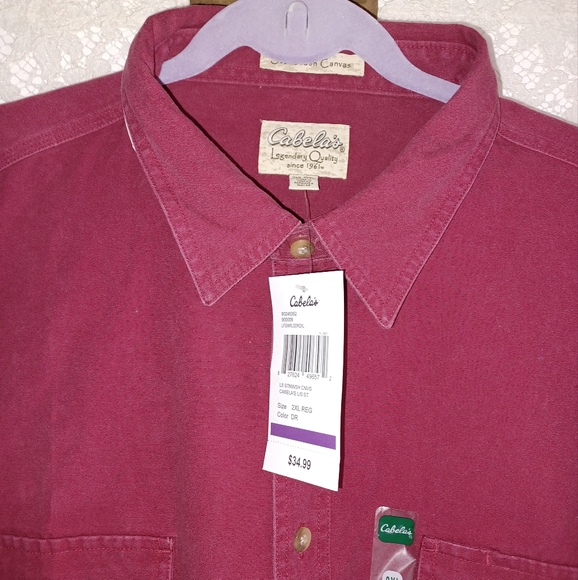 New Cabela's Men's 2XL Reg. Stonewash Canvas Dark Red 100% Cotton LS Shirt - Picture 7 of 10